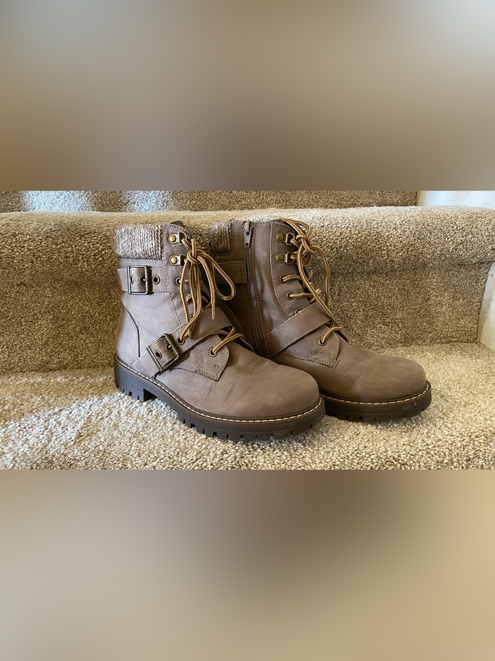 Taupe Lace-Up Ankle Boots with Buckle Detail